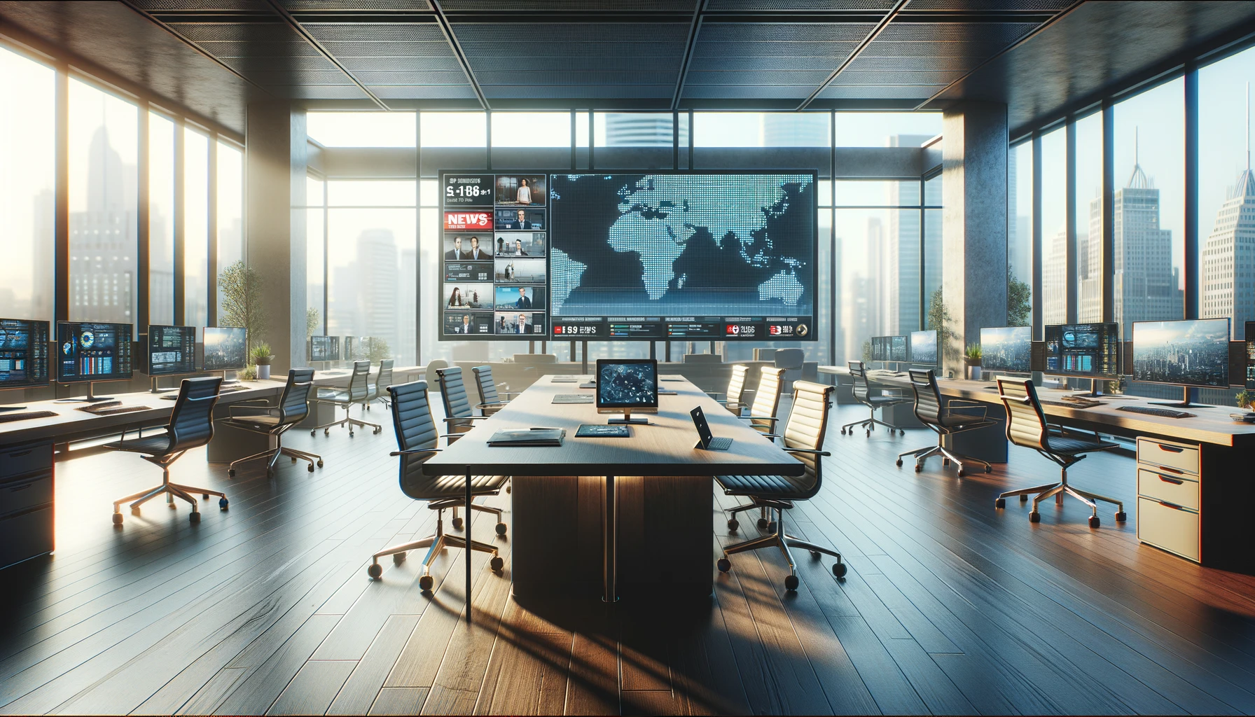 A realistic and detailed illustration focusing on a modern, naturally-lit office environment without any people. The office features a sleek desk with a digital tablet displaying global news, surrounded by multiple screens showing various current events. The room is filled with natural light from large windows that offer a view of the cityscape. The atmosphere is calm and professional, with a focus on the technology and workspace setup. The image should be in a 16:9 ratio, highlighting the contemporary and realistic office setting.