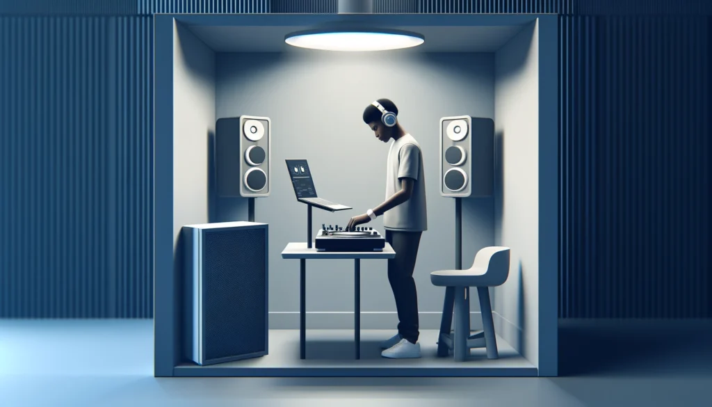 A simple and modern illustration of music sampling. The image should show a young DJ in a stylish, minimalistic home studio setting. The DJ, a young Black male, is focused on his equipment, which includes a turntable, mixer, and laptop. He is wearing headphones and adjusting a track. The background is sleek and modern, with subtle blue lighting to add a cool tone to the scene. The image should be in a 16:9 ratio, emphasizing the equipment and atmosphere.